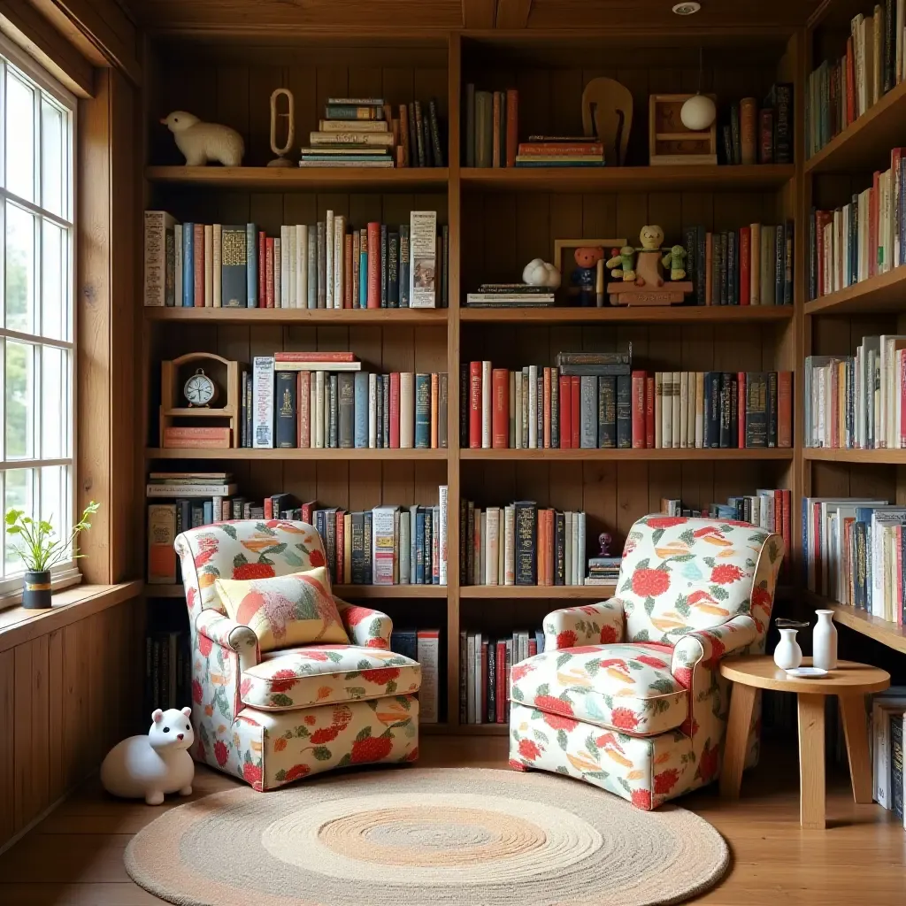 a photo of a playful library with whimsical fabric patterns and rustic wood