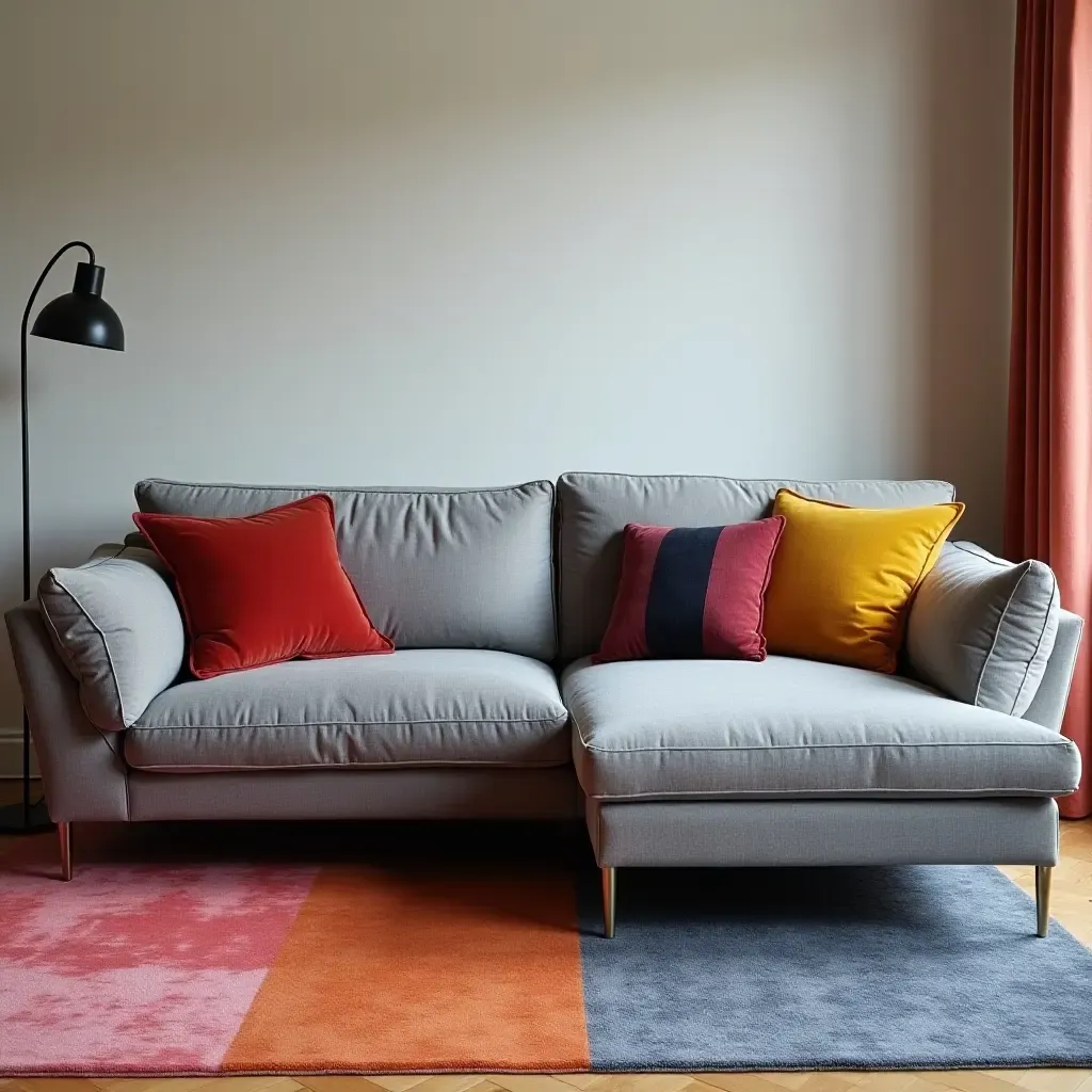 a photo of a grey sofa accented with bold, contrasting colors and textures