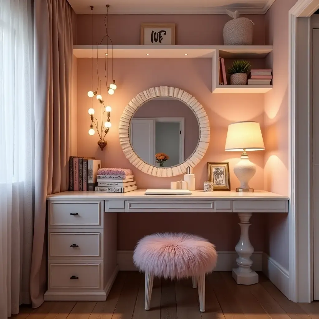 a photo of a stylish desk area in a teen&#x27;s room with glamorous accessories and decor