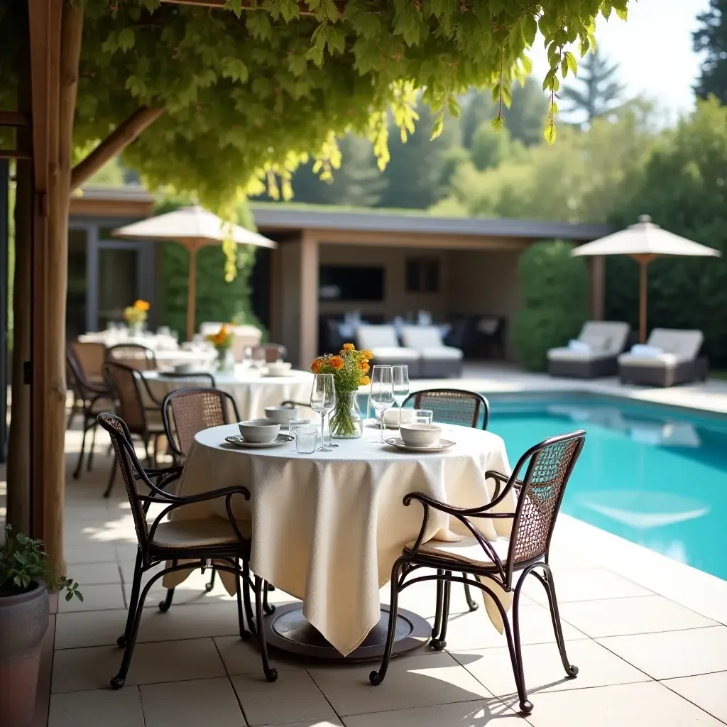 a photo of a stylish outdoor dining area by the pool with fabric tablecloths, wooden tables, and wrought iron chairs