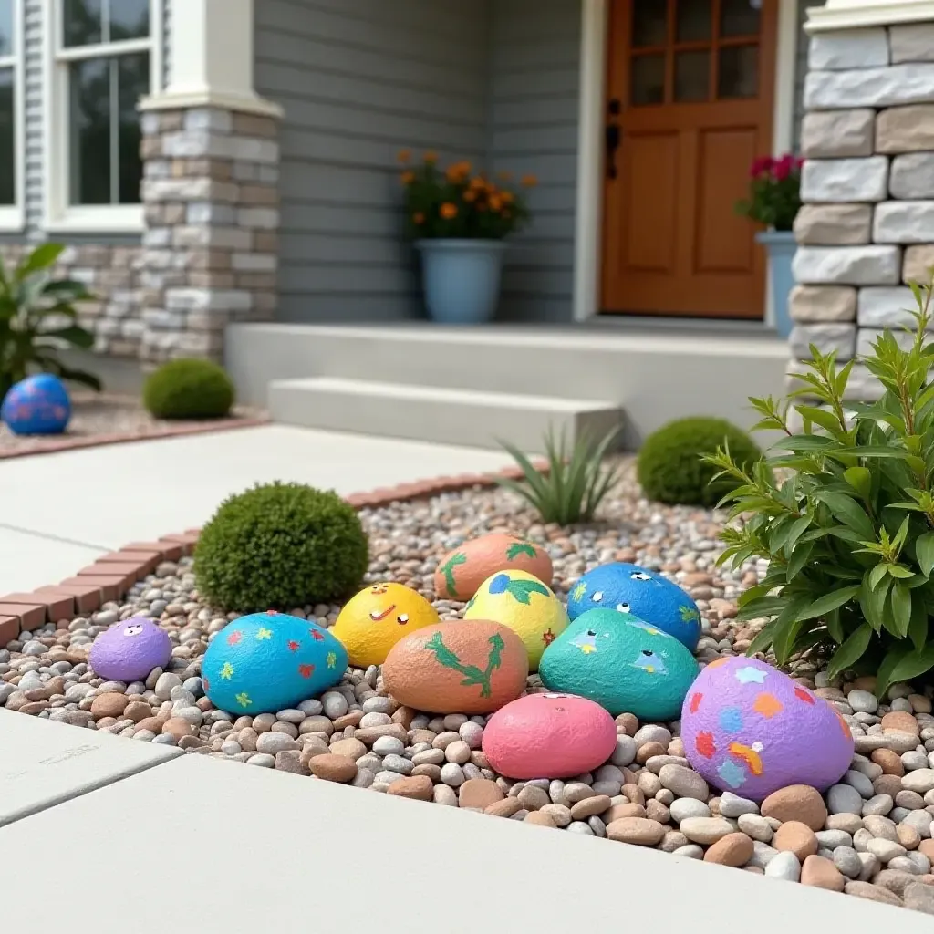 a photo of a DIY painted rock garden adding color to a porch