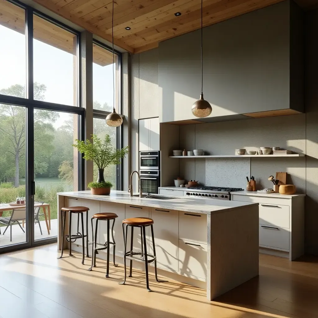 a photo of a kitchen with large windows and metal-framed cabinetry