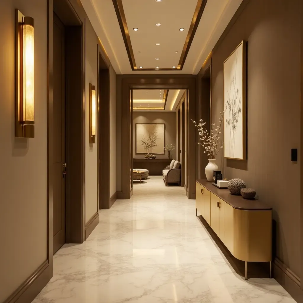 a photo of a corridor showcasing metallic accents in lighting and furnishings