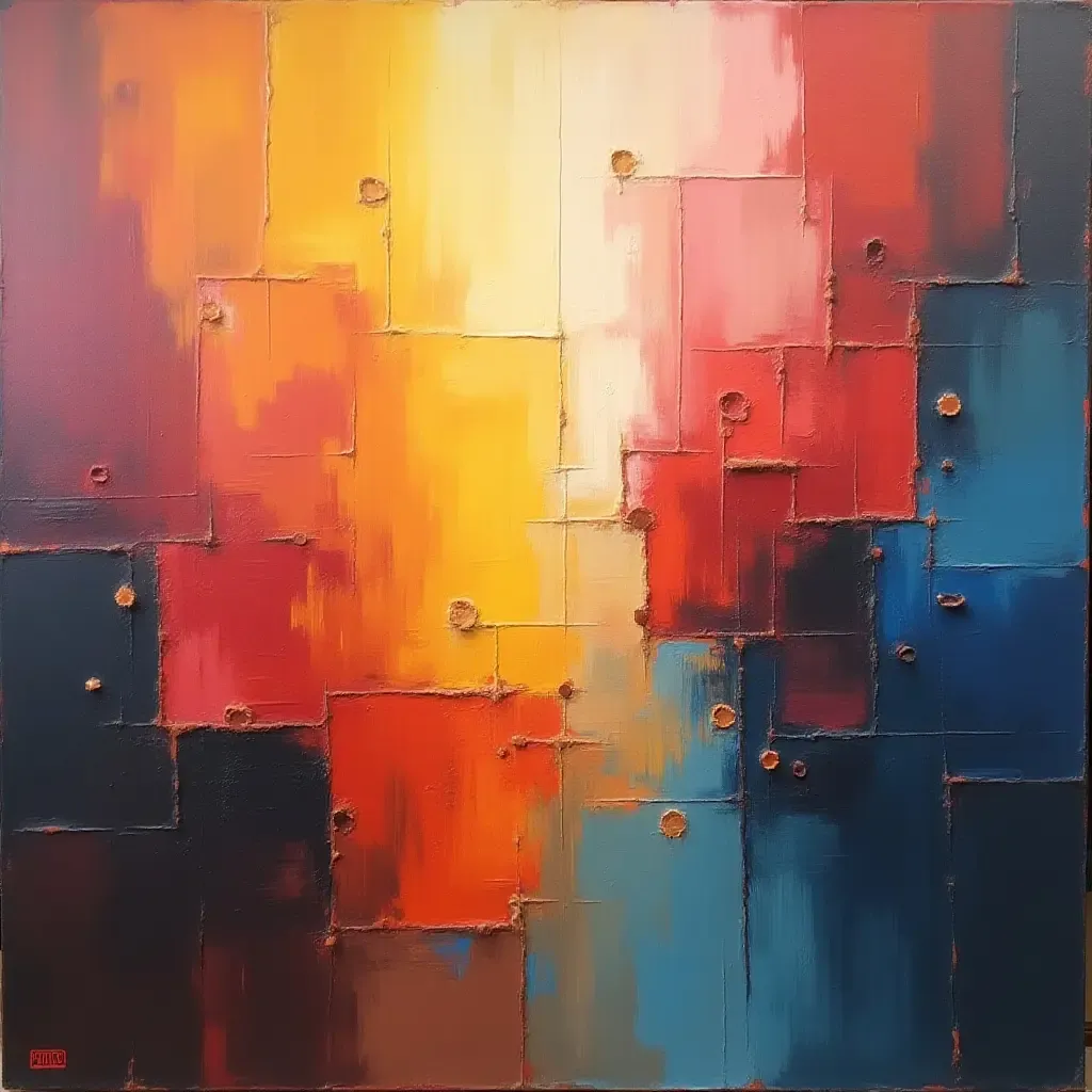 a photo of a large canvas featuring abstract shapes and colors