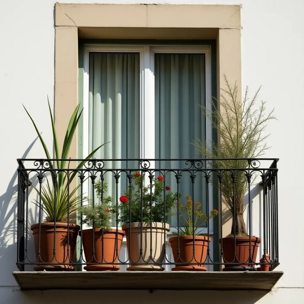 a photo of a balcony showcasing a set of vintage plant pots