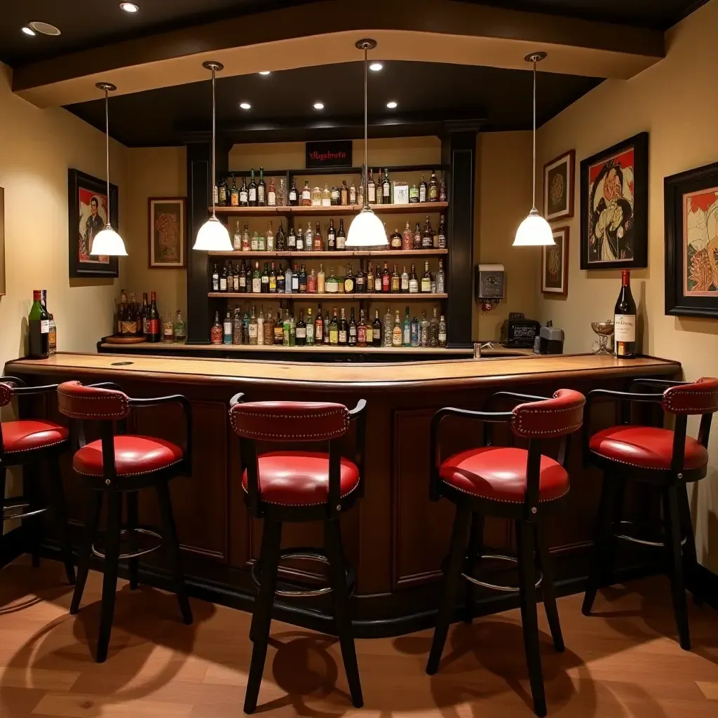 a photo of a basement bar with vintage stools and retro decor