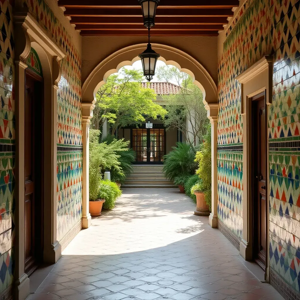 a photo of a corridor adorned with a colorful tiled garden wall