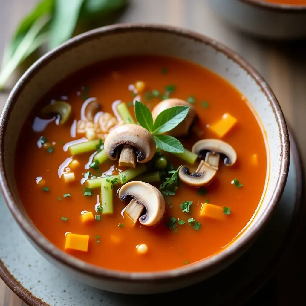 a photo of hearty Thai vegetarian tom yum soup with mushrooms and lemongrass in a bowl.