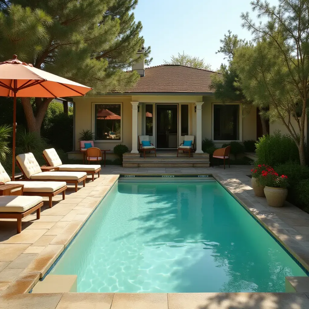 a photo of a vintage-inspired pool area with retro furniture and classic decor