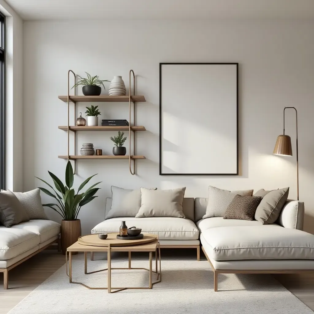 a photo of an inviting living room with metallic shelving units and decor