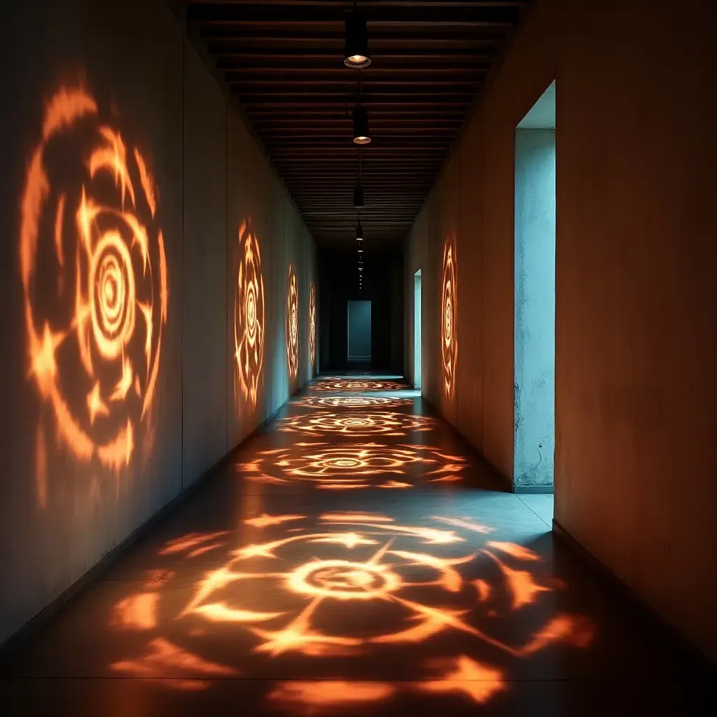 a photo of a corridor with artistic light projections on the floor