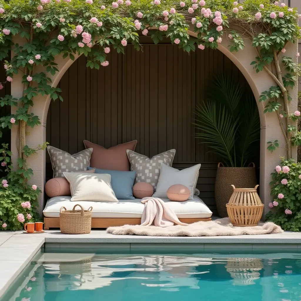 a photo of a cozy outdoor reading nook by the pool with cushions