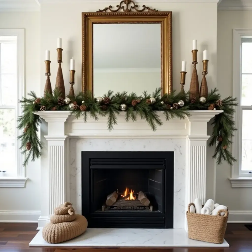 a photo of a festive mantel adorned with a mirrored garland and holiday decor