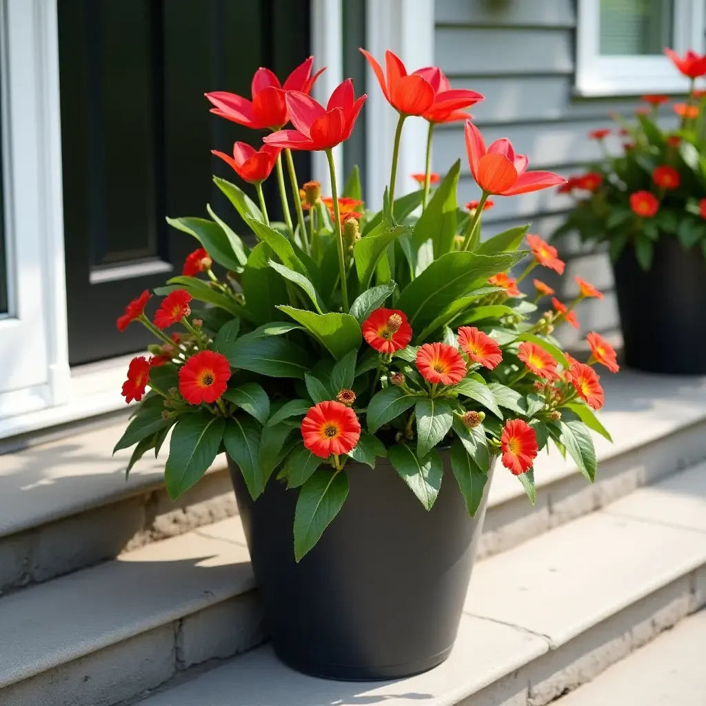 a photo of a vibrant flower arrangement in a stylish planter on a porch