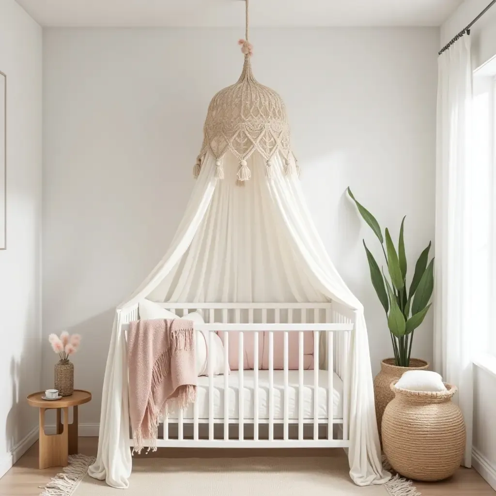 a photo of a bohemian-style nursery with a macrame canopy above a crib