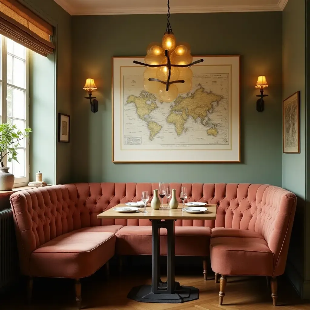 a photo of a cozy breakfast nook with a vintage vibe and soft lighting