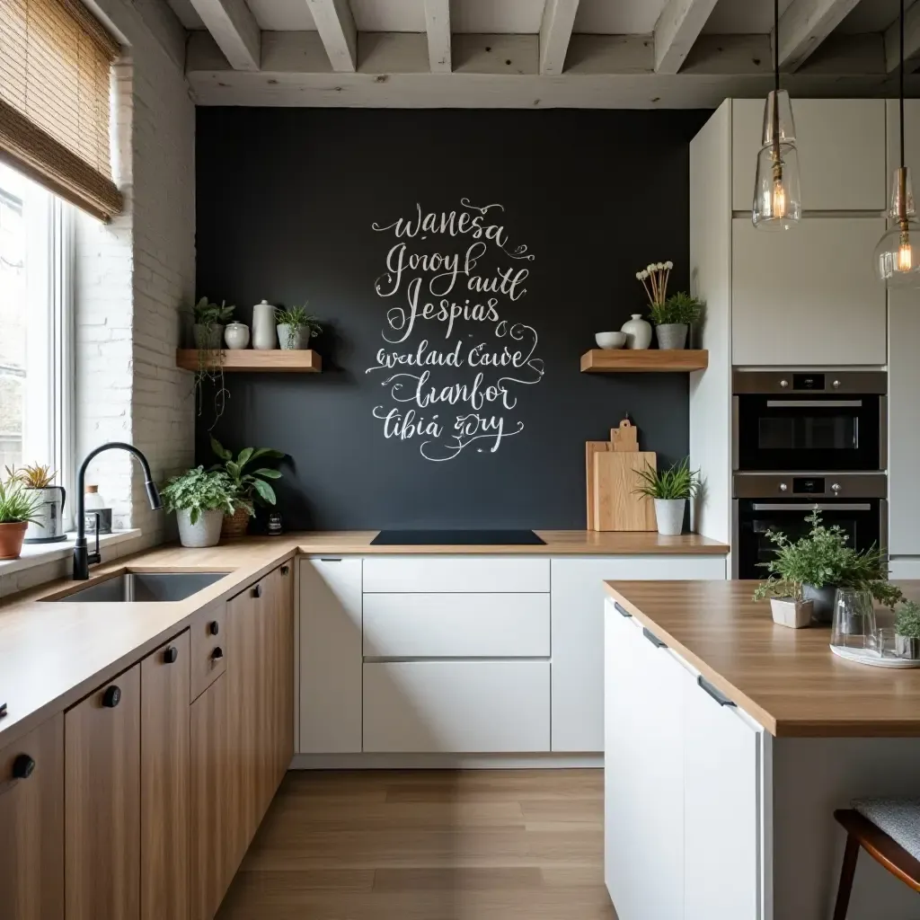 a photo of a chic urban kitchen with chalkboard art and modern decor elements