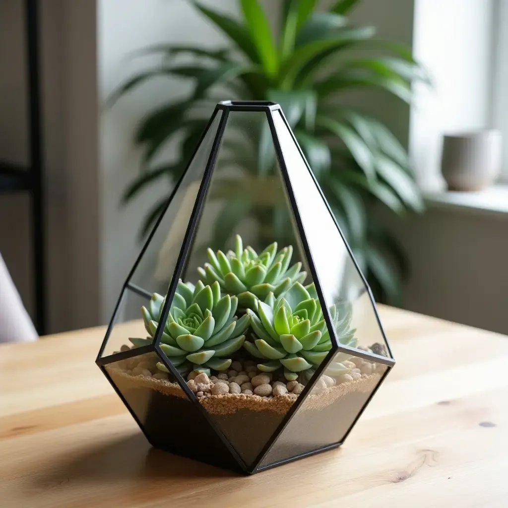 a photo of a geometric glass terrarium filled with succulents on a dining table