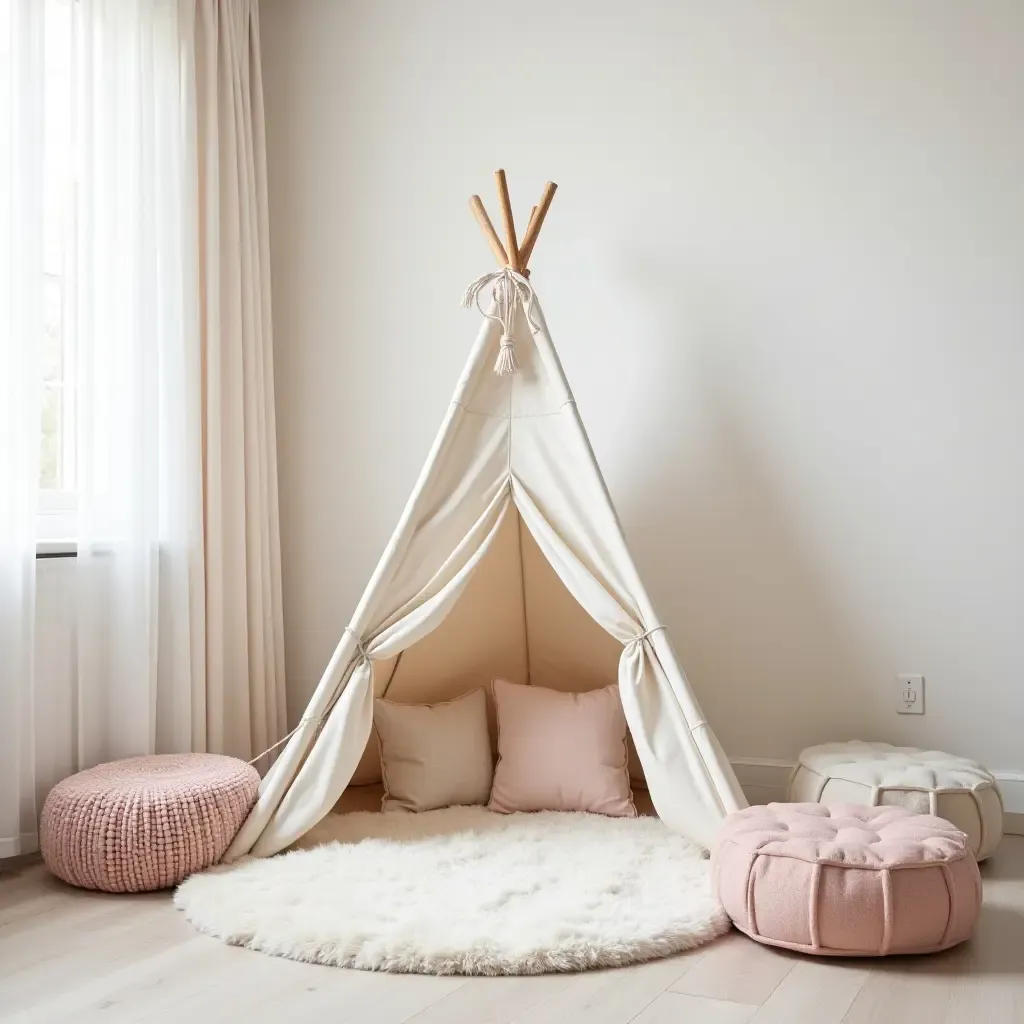 a photo of a whimsical nursery featuring a teepee and soft floor cushions