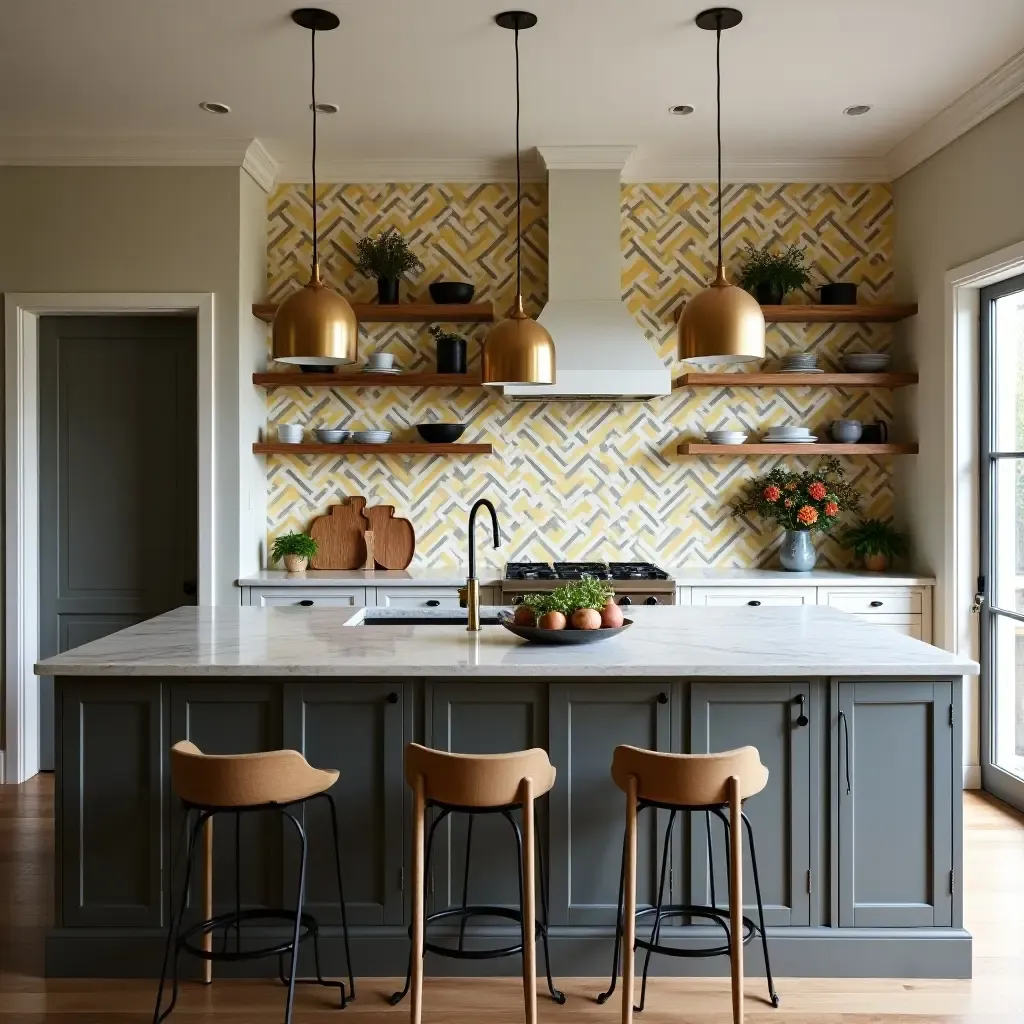 a photo of pendant lights in a kitchen with bold wallpaper