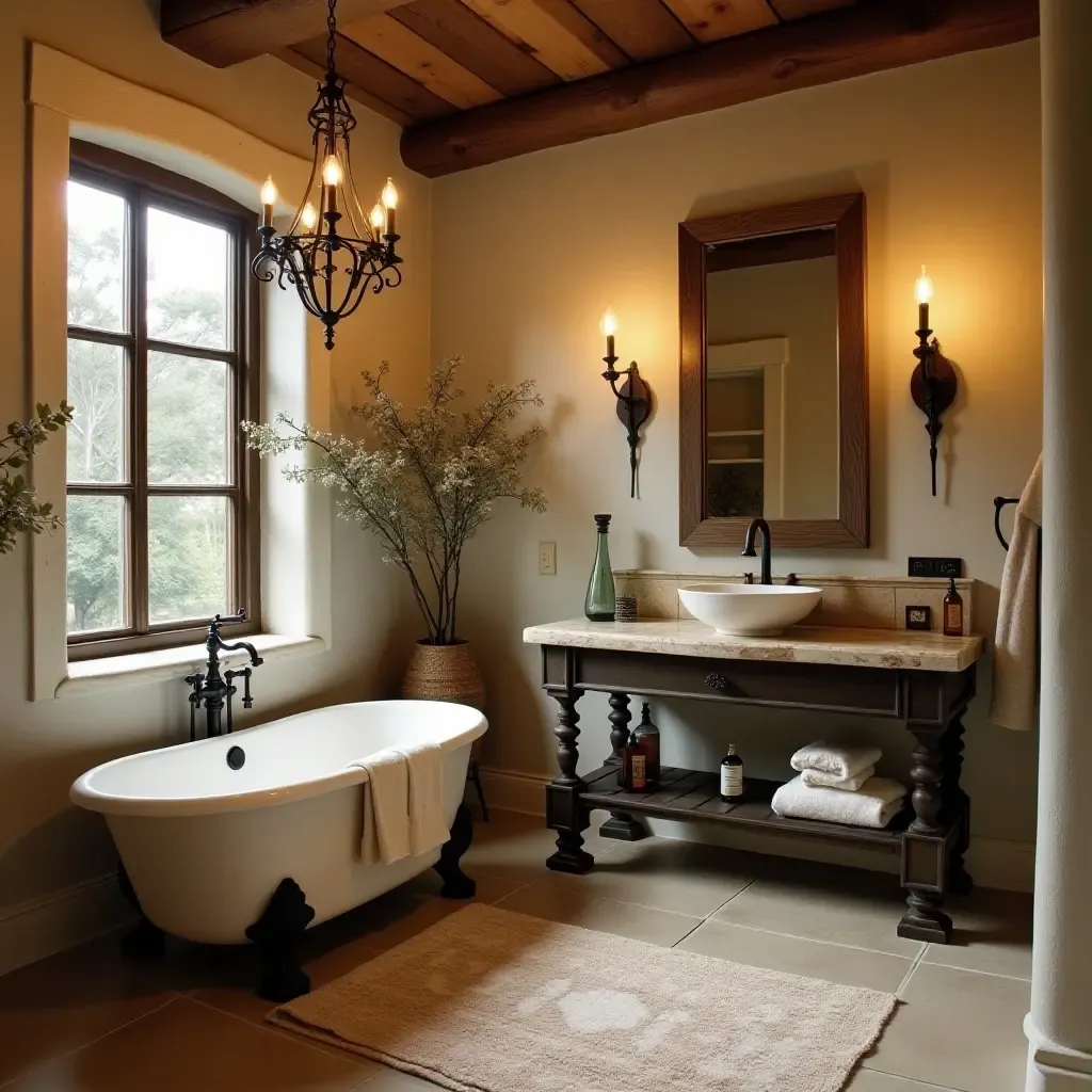 a photo of a rustic bathroom with wrought iron accents and elegance