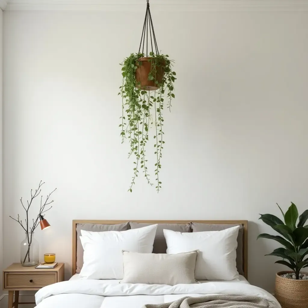 a photo of a bedroom with a whimsical plant mobile hanging from the ceiling