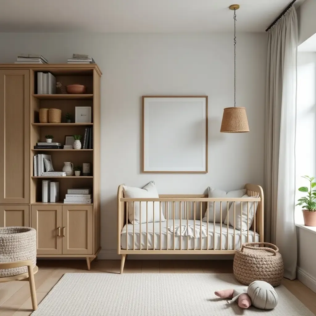 a photo of a nursery with a vintage bookshelf and modern decor