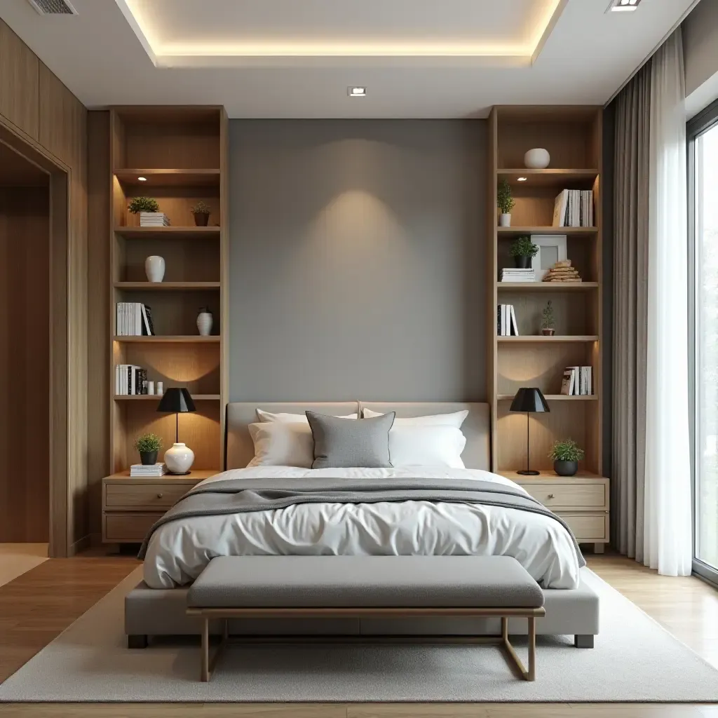 a photo of a contemporary bedroom with a stylish bookcase