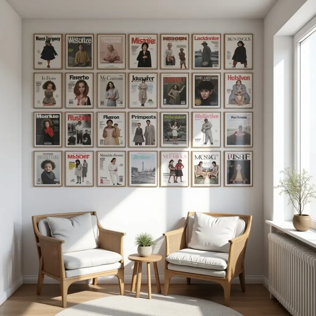 a photo of a gallery wall with a collage of magazine covers