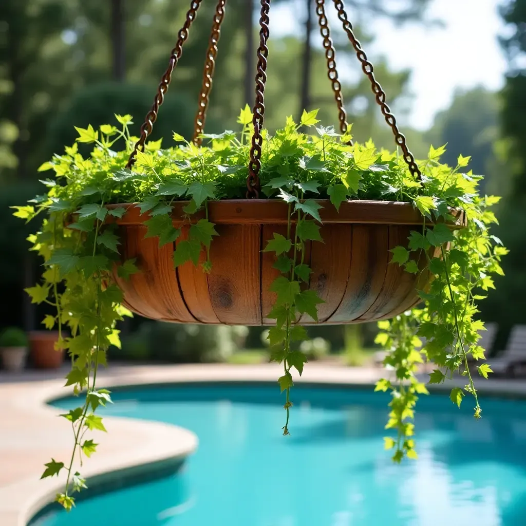 a photo of hanging planters with cascading vines above a pool