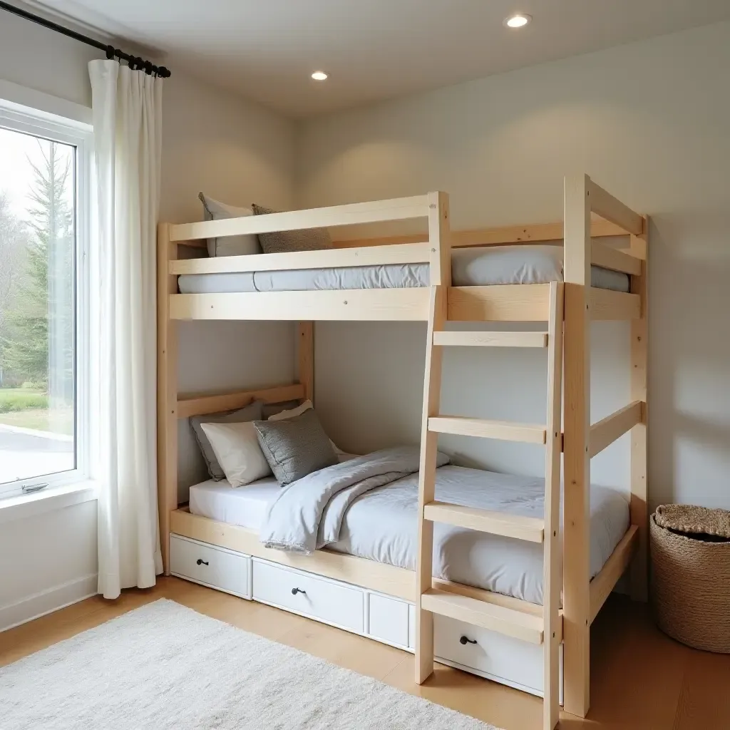 a photo of an organized shared bedroom with a lofted bed and a reading nook underneath