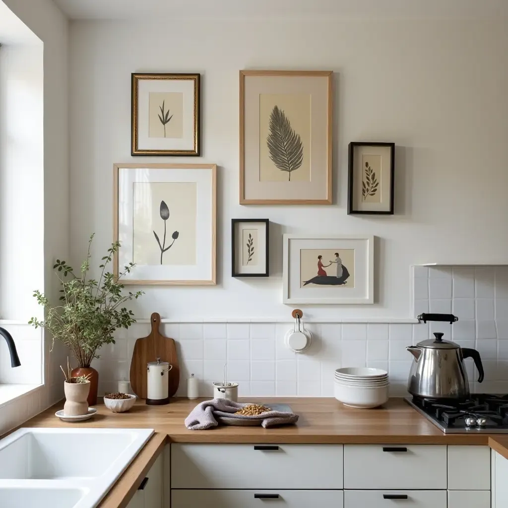 a photo of a small kitchen featuring a gallery wall of art