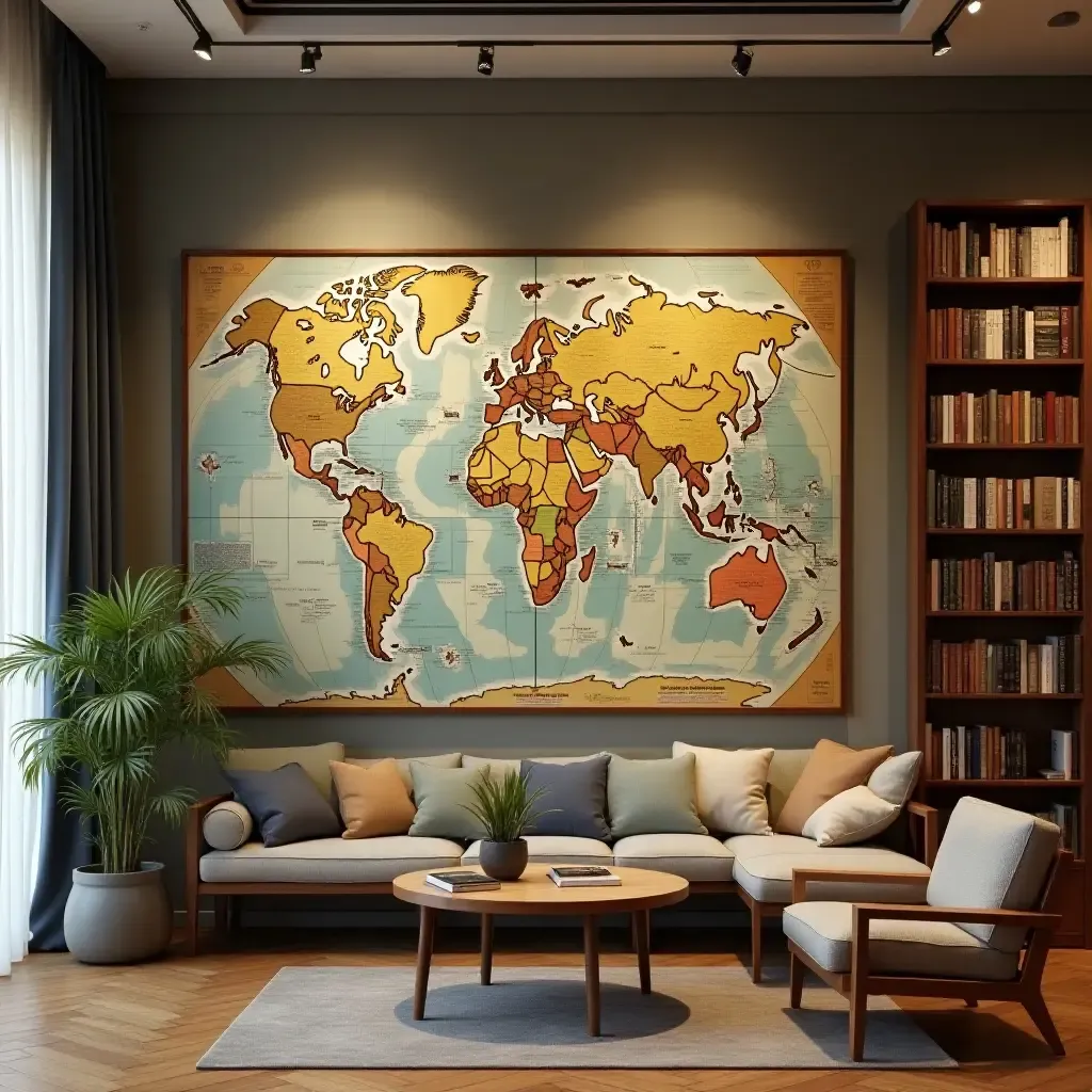 a photo of a library gallery wall with a travel theme