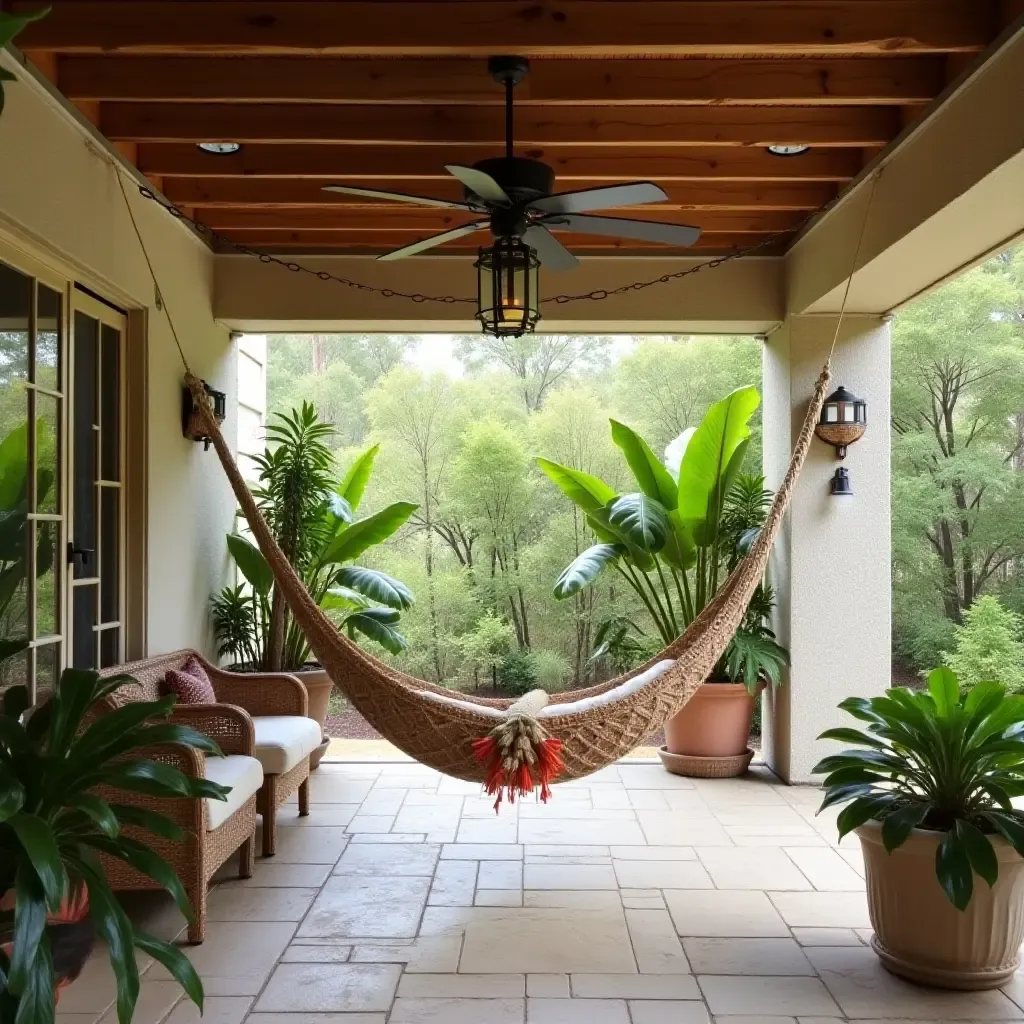 a photo of a detached covered patio with a hammock and tropical decor