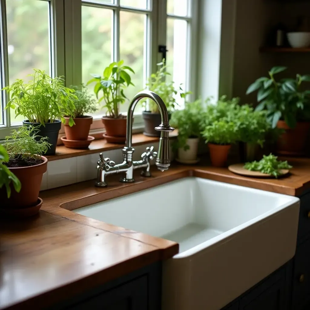 a photo of a charming farmhouse sink surrounded by potted herbs