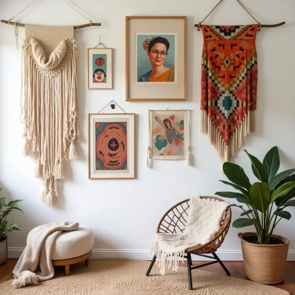 a photo of a bohemian gallery wall with woven textiles and colorful art pieces