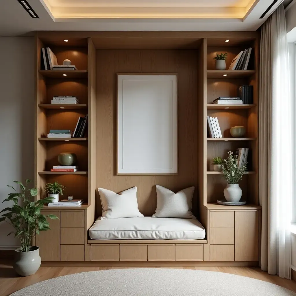 a photo of a cozy reading nook with a stylish built-in bookcase