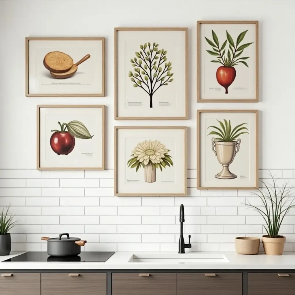 a photo of a gallery wall featuring culinary-themed art in a kitchen