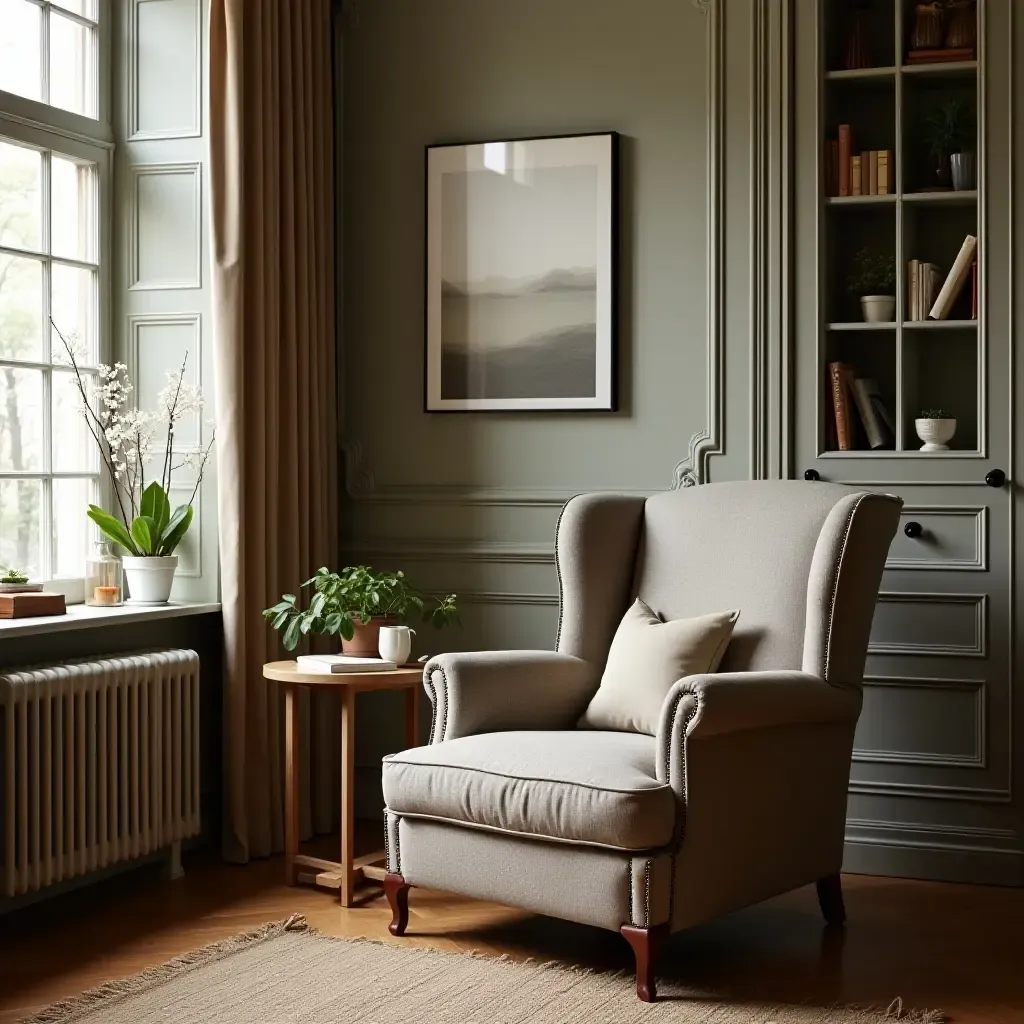 a photo of a reading nook with a vintage style armchair and a side table