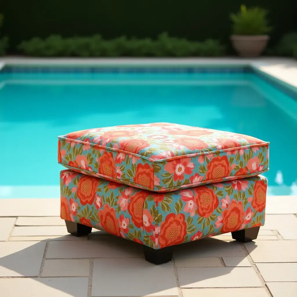 a photo of a vibrant storage ottoman by the pool