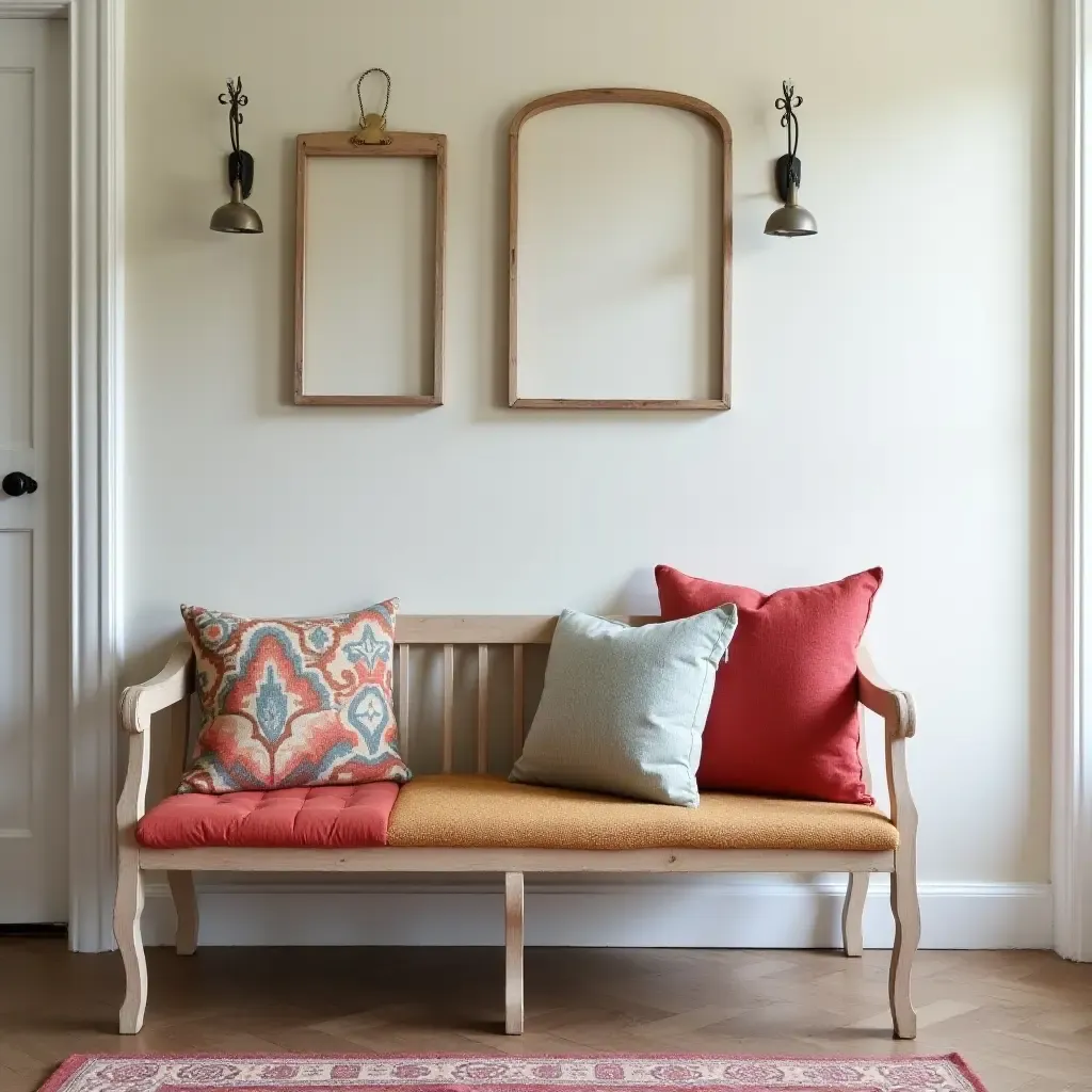 a photo of a charming vintage bench with colorful cushions in an entrance hall