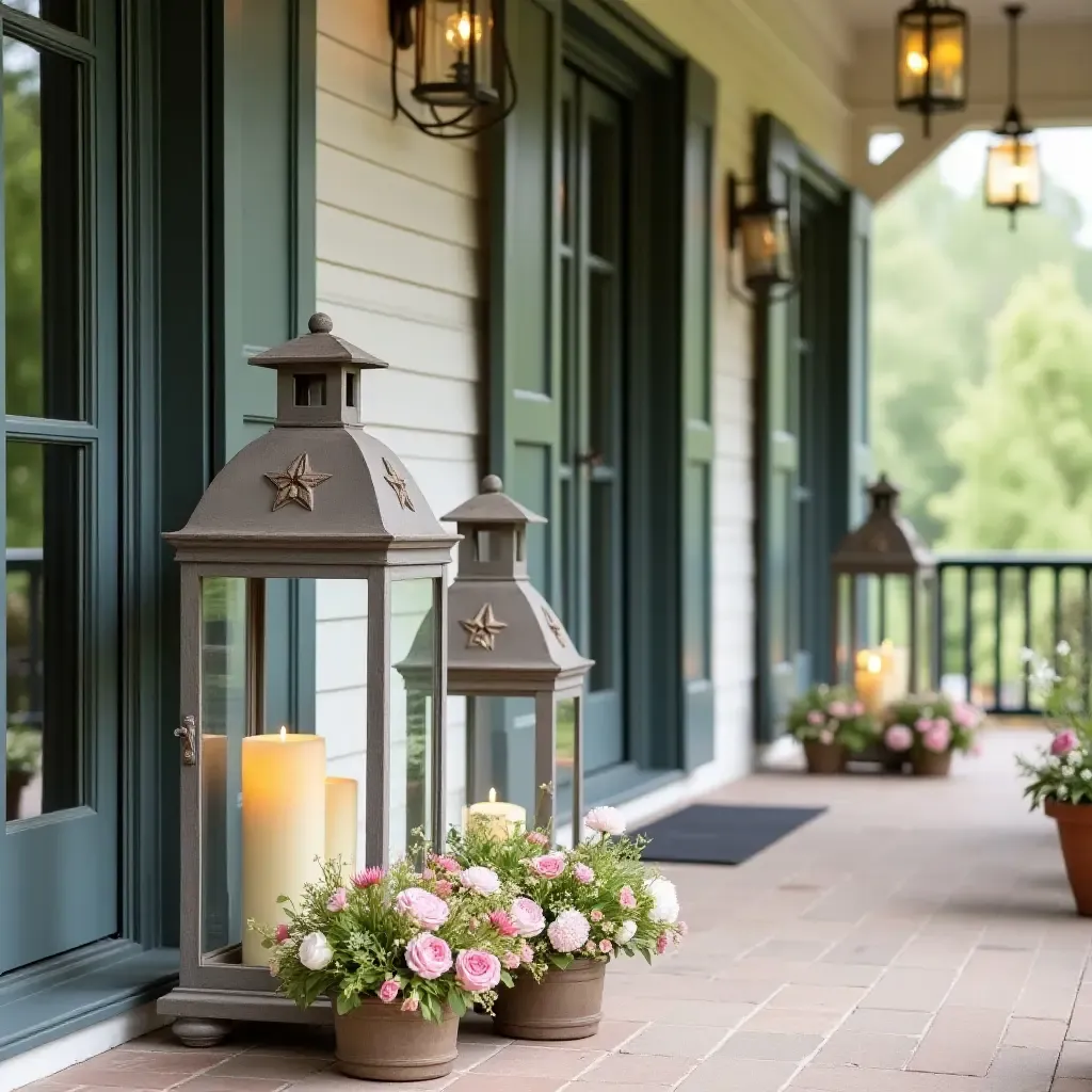 a photo of a balcony showcasing farmhouse-style lanterns and floral arrangements