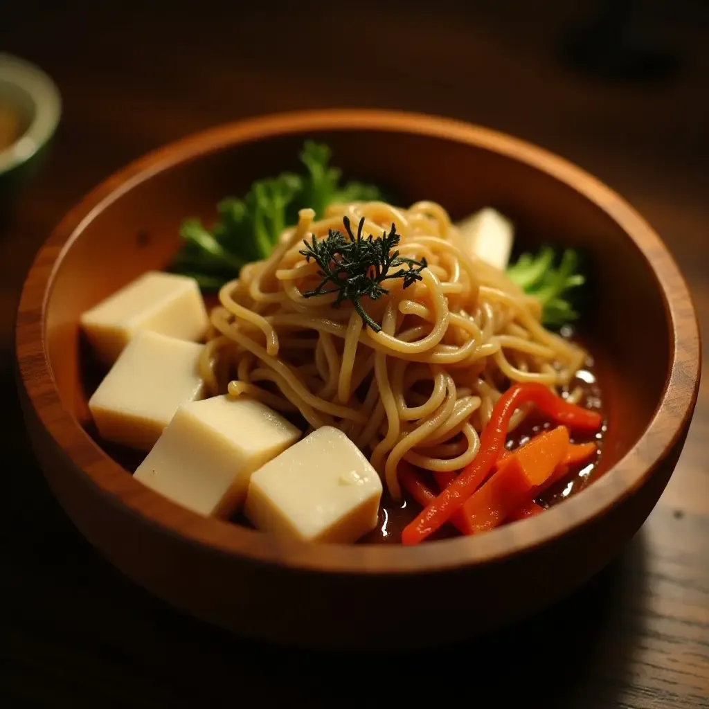 a photo of a hearty bowl of kenchin-jiru with root vegetables and tofu in a wooden bowl.