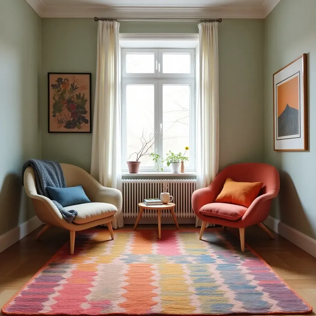 a photo of a geometric patterned rug with vibrant colors in a reading nook