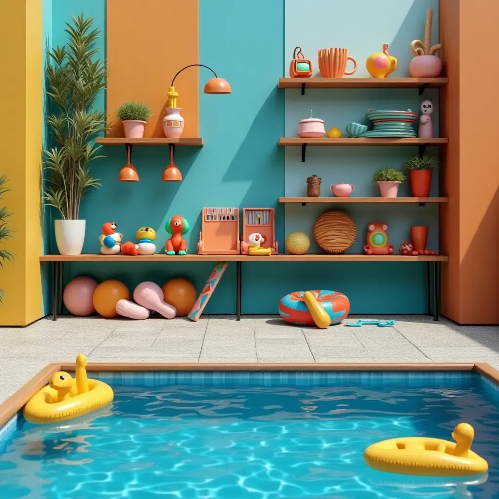 a photo of a vibrant poolside shelf with pool toys and games