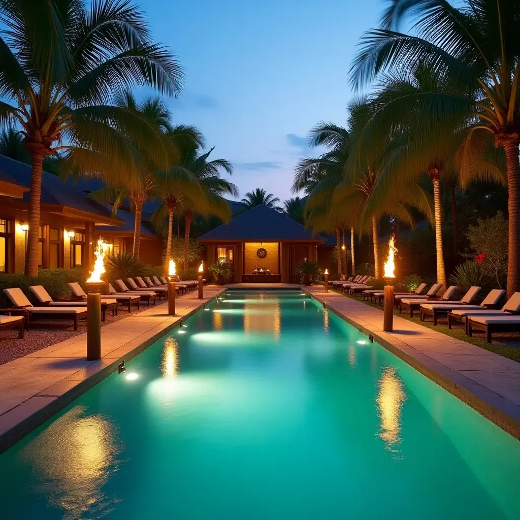 a photo of a tropical-themed pool area with palm trees and tiki torches