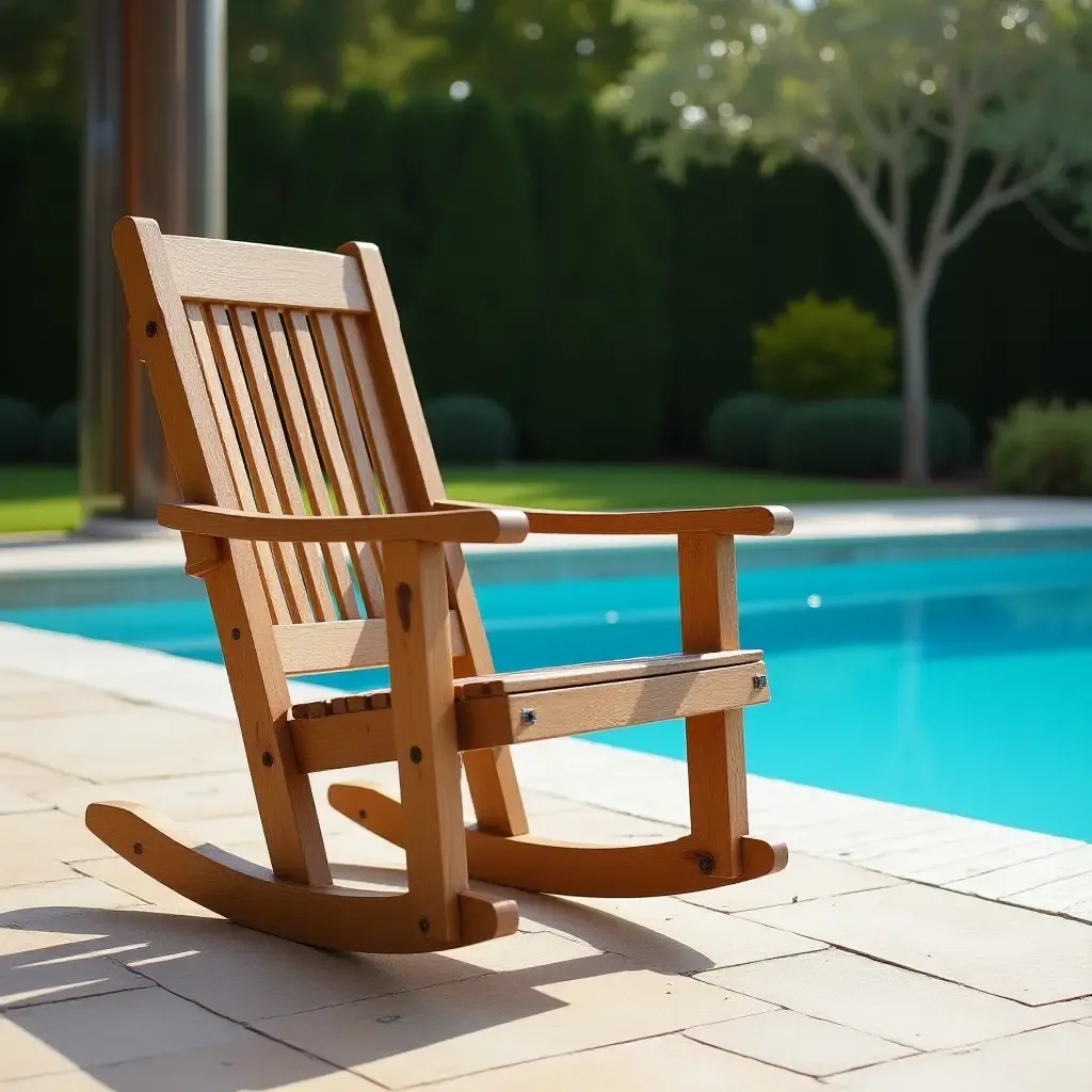 a photo of a rustic wooden rocking chair near a sparkling pool