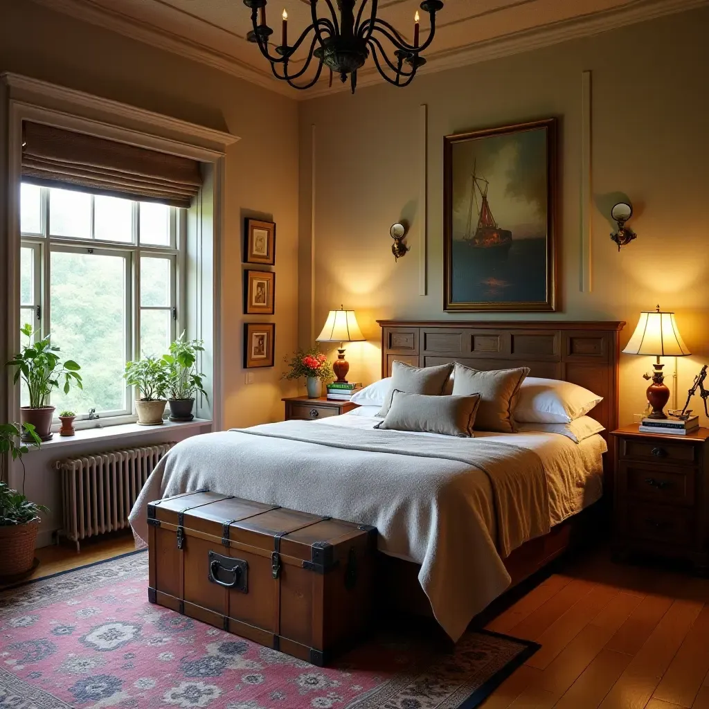 a photo of a unique bedroom featuring a vintage trunk and eclectic decor