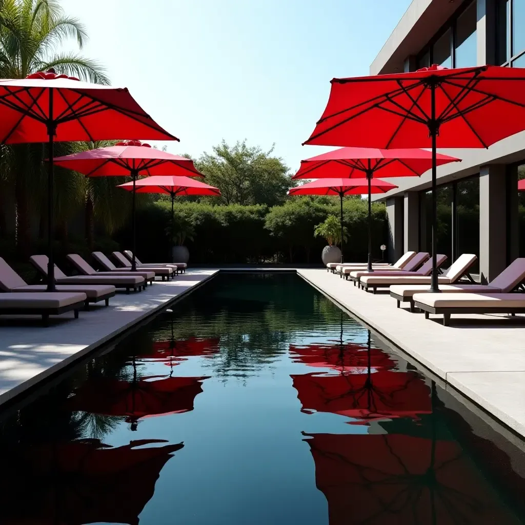 a photo of a sleek black pool with bold red umbrellas