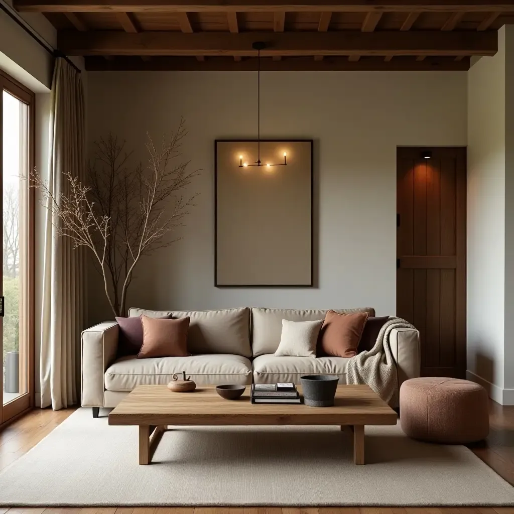 a photo of a rustic living room with a wooden coffee table and warm textiles